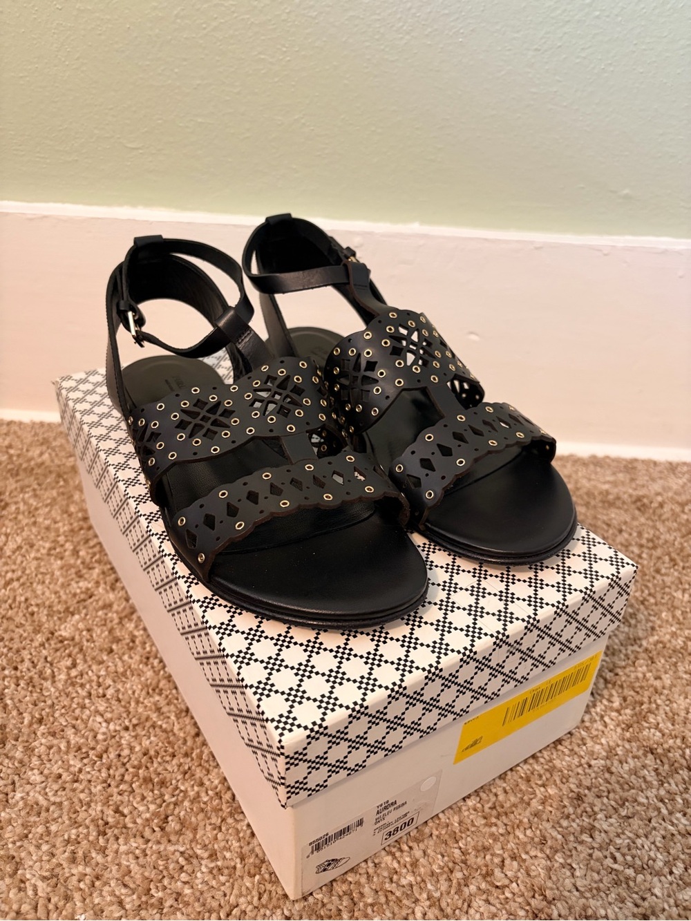NIB Furla Aurora Black Laser-Cut Ankle-Strap Sandals with Metallic Eyelets